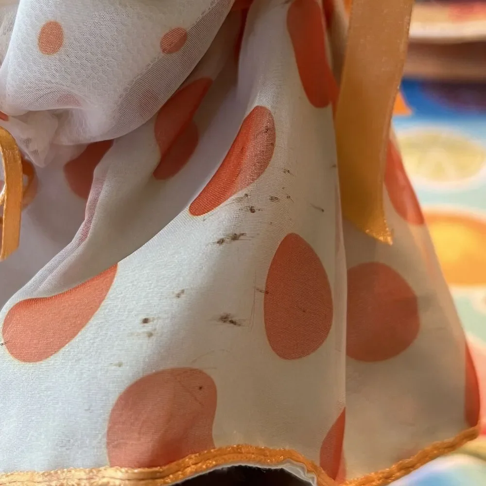 Vtg QVC Porcelain Clara Doll Blonde Blue Eyes Peach Polka Dot Dress Hat Stand